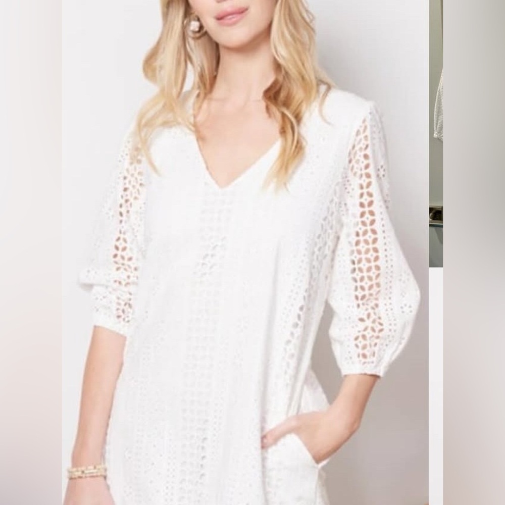 White/ivory v neck eyelet Midi dress.